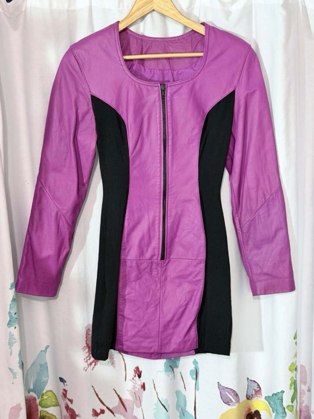Vtg Chia Fuschia Purple Leather Black Spandex Stretch Mini Bodycon Dress Sz M
